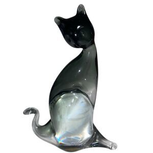 Murano Art Glass Smoke Gray Cat Figurine Paperweight 5.75" Tall MCM